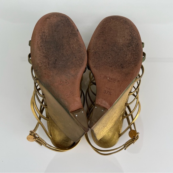 YVES SAINT LAURENT BRONZE GOLD GLADIATOR WEDGE SANDALS SIZE IT 37.5 / US 7.5 - Picture 17 of 17